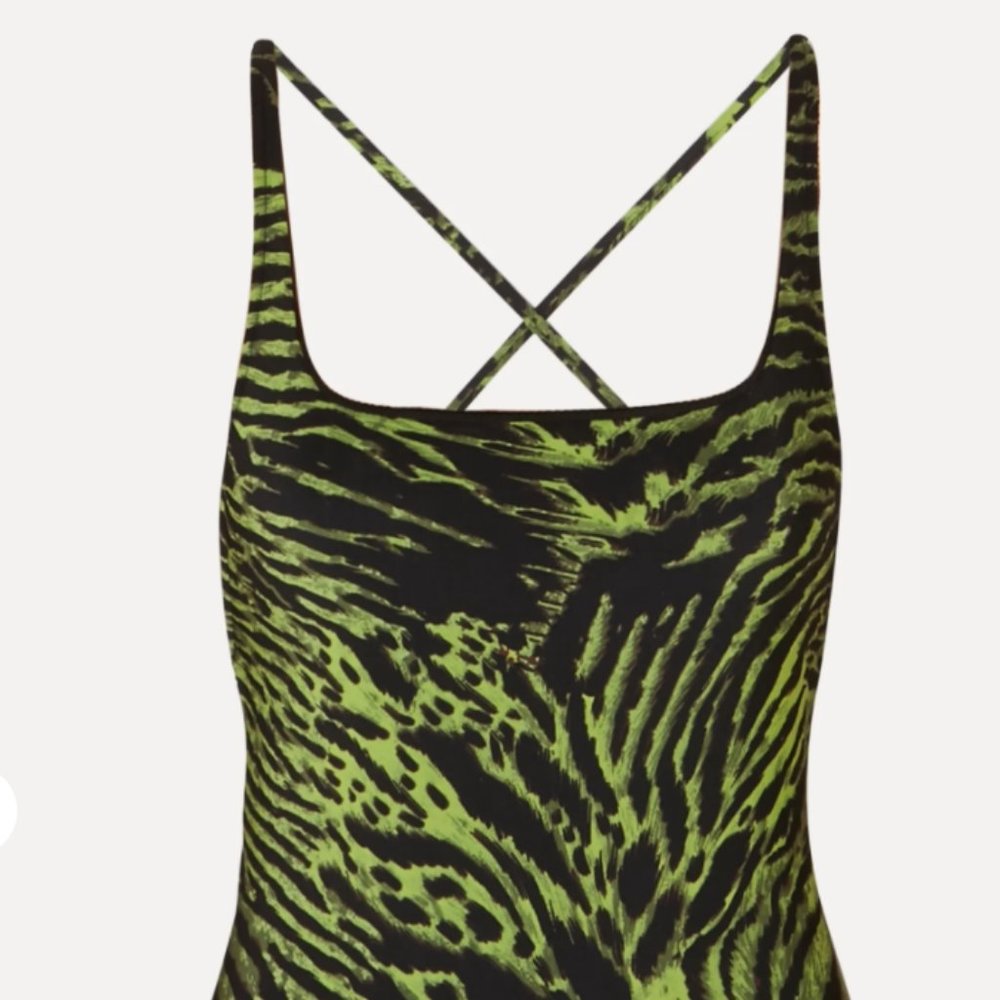 Ganni Tiger Print One Piece Bathingsuit Green